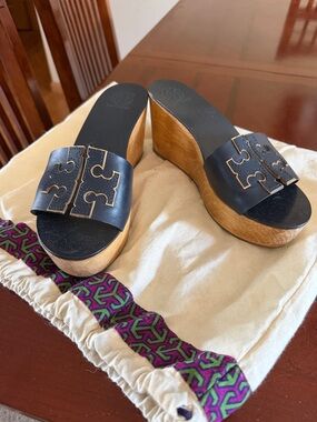 Tory Burch Ines navy blue Platform Wood Wedge Slides